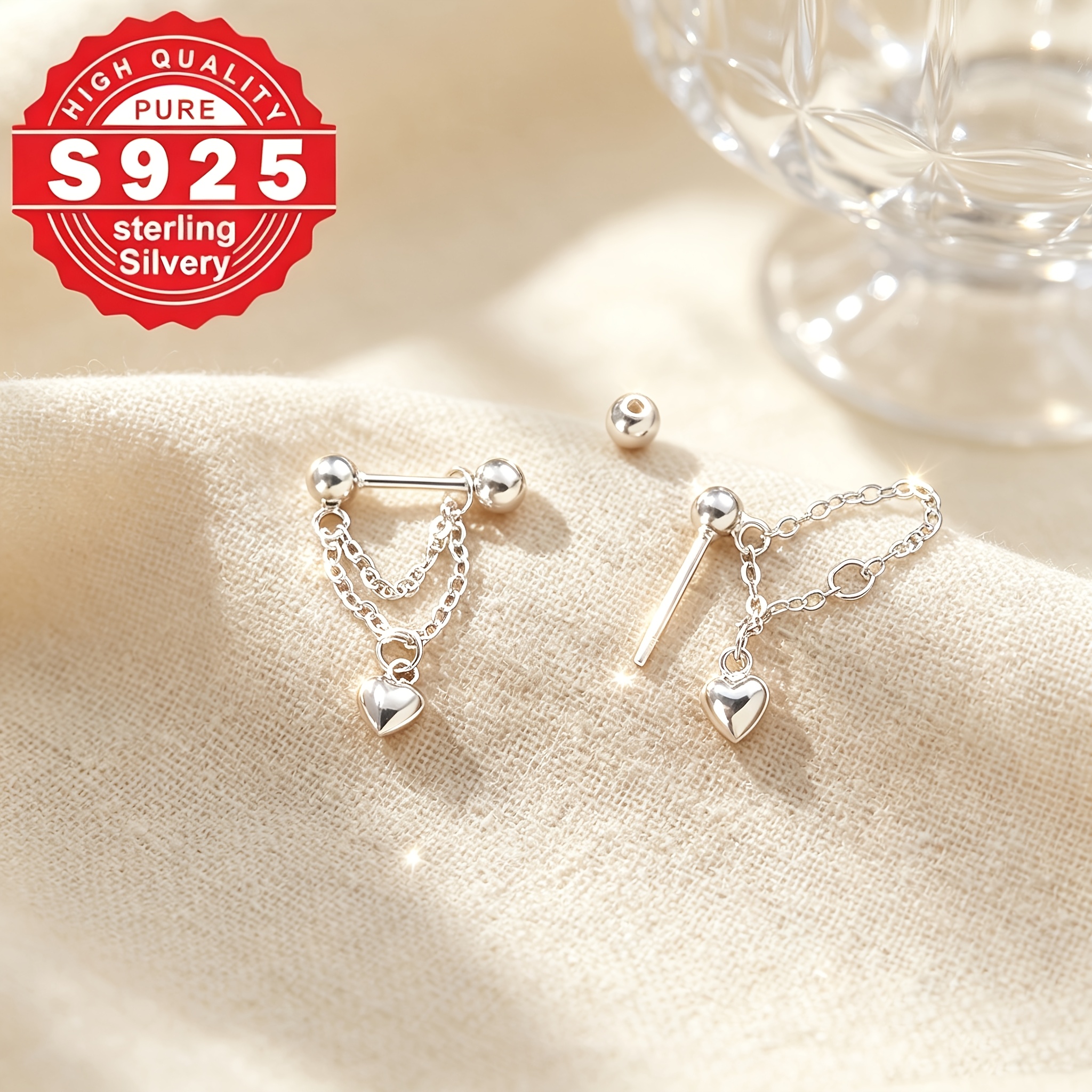 Women's S925 Silver Heart Design Stud Earrings, Cute & Sweet